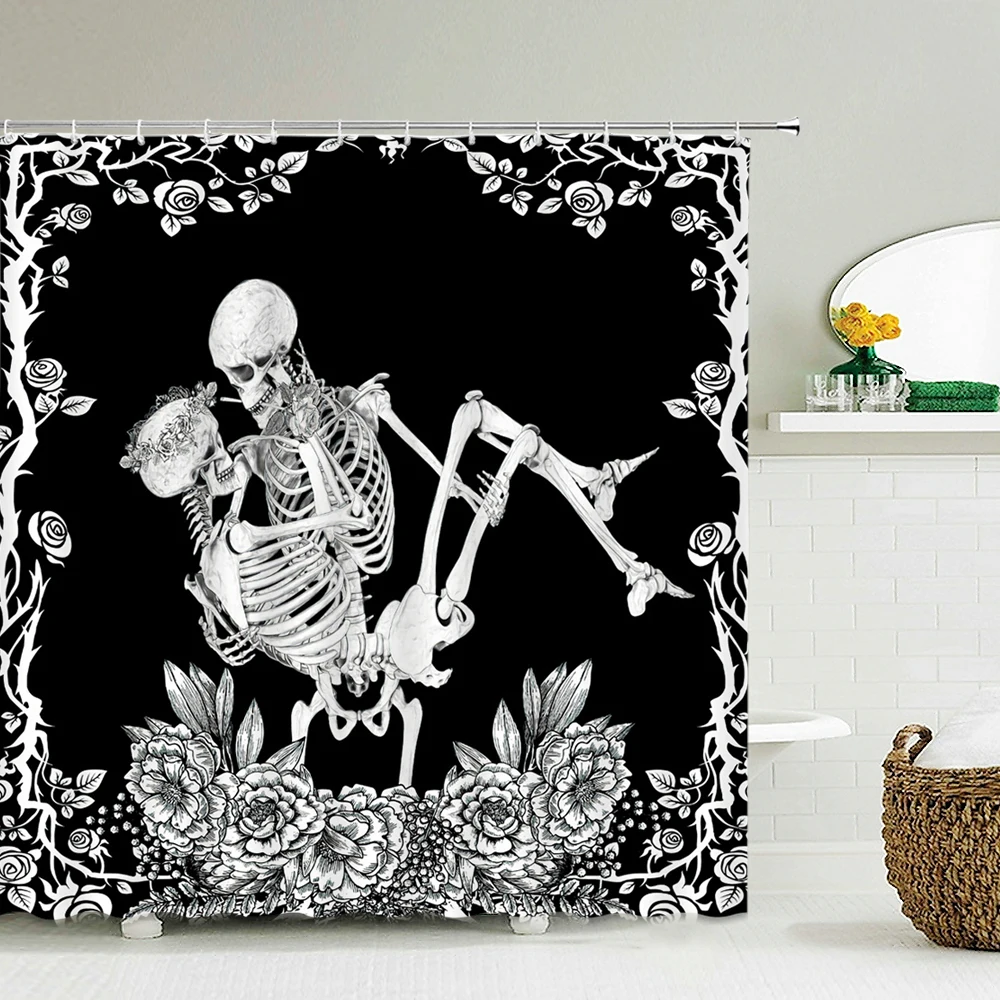 

Funny lovers Skeleton Skull Shower Curtains Bathroom Curtain 3D Black white Flower Fabric Waterproof Bath Curtain with 12 Hooks