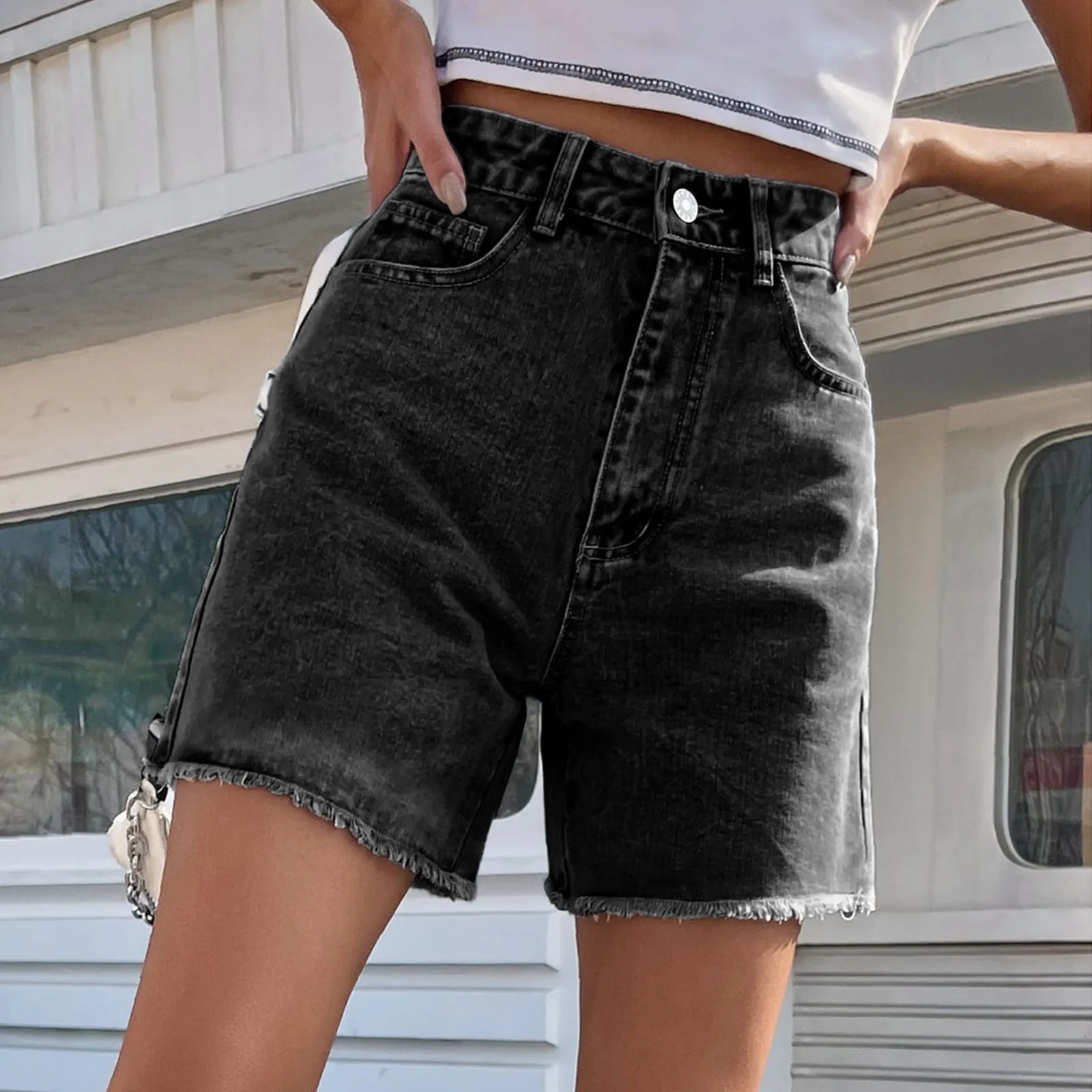 Casual Women'S Denim Shorts Ripped Loose Solid Color Women'S Shorts Slim High Waist Loose Slimming Vacation Holiday Trousers