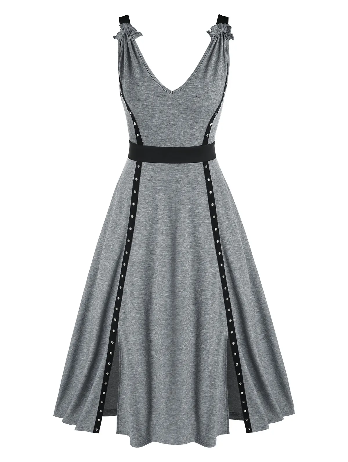 

Ruffle Studded Slit Mid-calf Dress Flare A Line Sleeveless Casual Colorblock Dresses For Summer