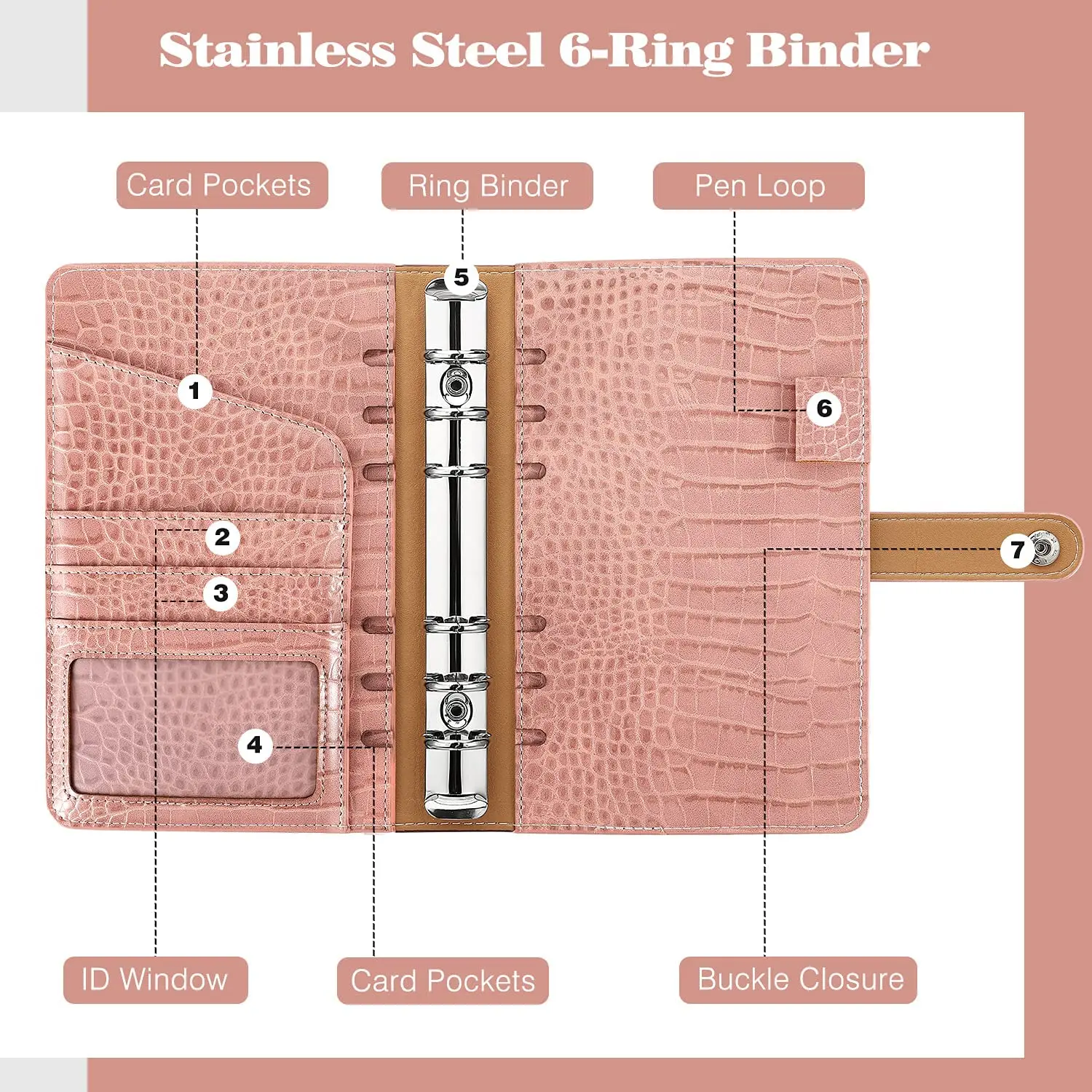 A6 Budget Binder Notebook 6-Ring PU Leather Looseleaf Cover 21 Pieces Planner System with Clear Zippered |