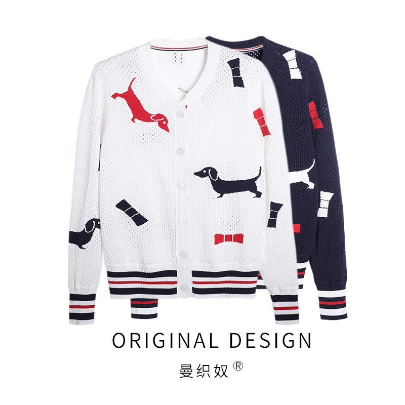 

TB Early Spring New V-neck Hollow Sweater Cardigan Thin Section Puppy Bow Knitted Jacket Tide