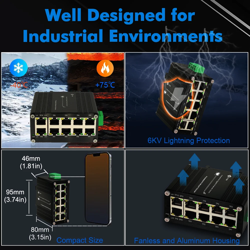 Industrial 10 Ports Gigabit Ethernet Switch Hardened 8RJ45+2SFP (PoE) Din Rail Unmanaged Small Network Fiber Switch