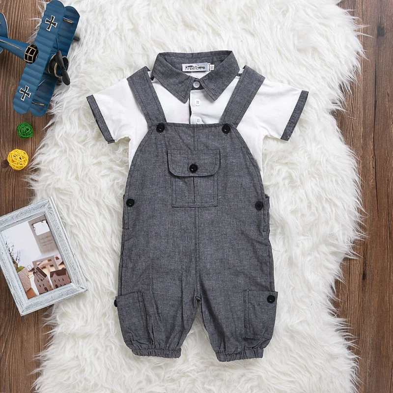 2021 Hot selling baby boy clothes fashion Infant Gentleman style Long sleeve T-shirt+Overalls 2pcs newborn clothing set |
