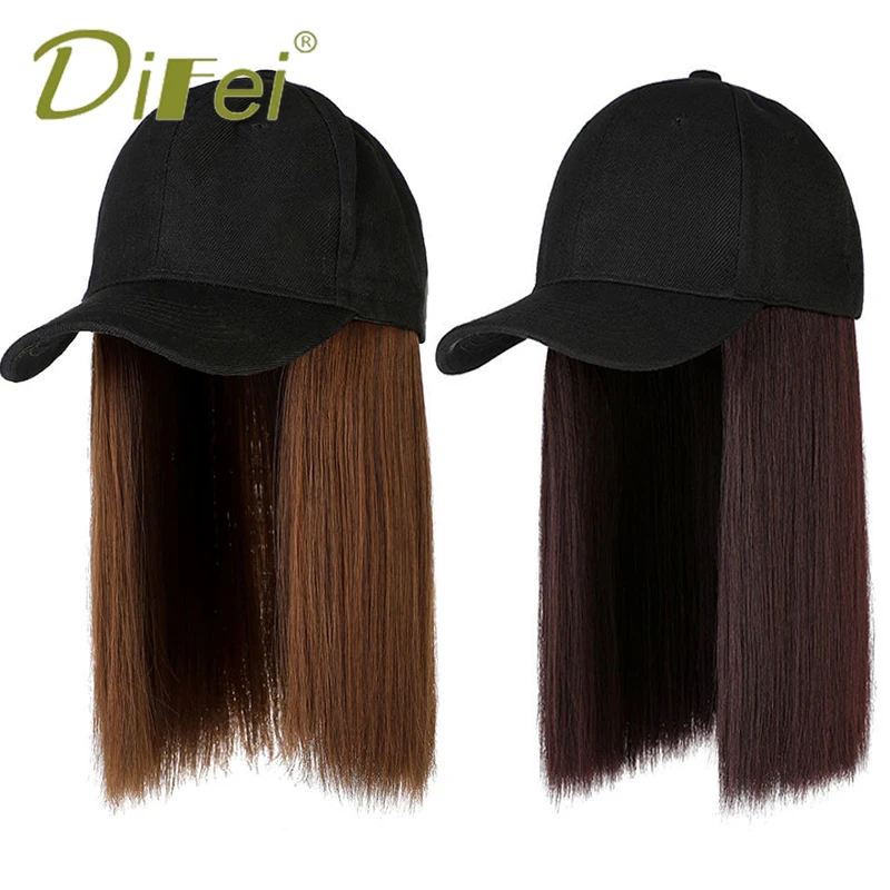 DIFEI Synthetic Hat Straight Hair Wig Free Adjustment Female Cap Wig  Natural Black Heat Resistant High Quality Hat With Hair