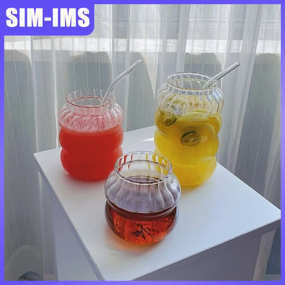 

Cup Pink Juice Cup Latte Coffee Cup Vertical Grain High Borosilicate Glass Creative Beverage Cup Juice Cup Ins Wind Cute Fat Cup