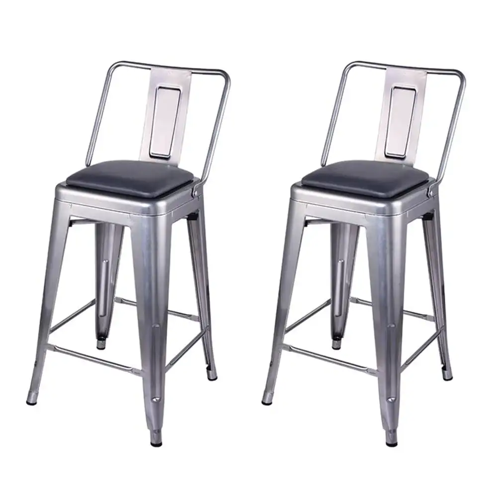 

GIA Design Group 24 Inch Counter Height Middle Back Metal Stools with Vegan Leather Seat, Sliver, Set of 2