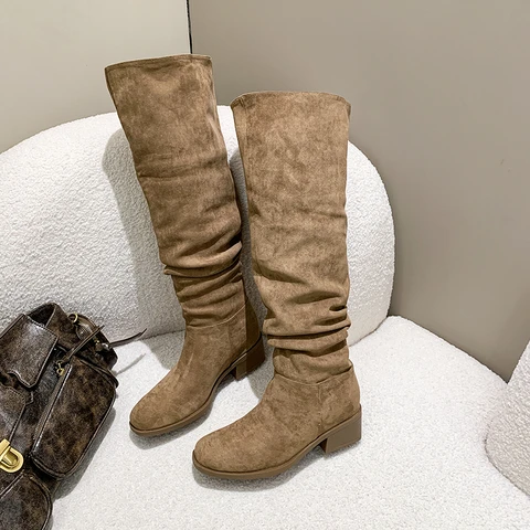 Винтажные плиссированные женские высокие сапоги без шнуровки, лаконичные ботильоны до колена на толстом каблуке, осенне-зимняя обувь, Zapatos De Mujer