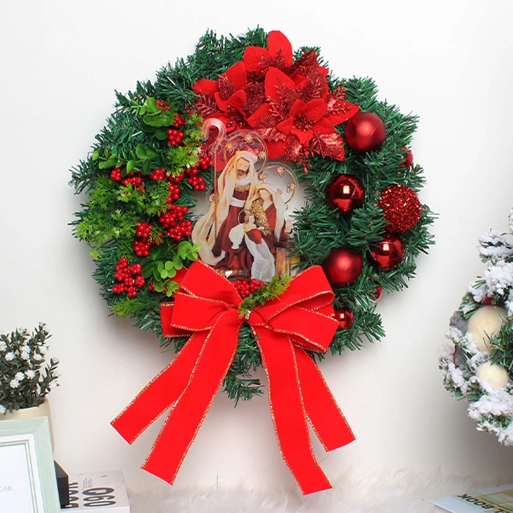 

2023 Sacred Christmas Wreath with Lights Artificial Hanging Ornaments Front Door Wall Decorations Merry Christmas Tree Wreath