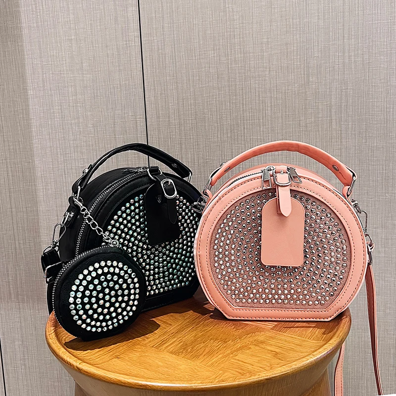 

Fashion Round Small Crossbody Bags For Women 2023 Trend Shiny Diamond PU Leather Shoulder Bag 2 Set Ladies Handbags And Purses