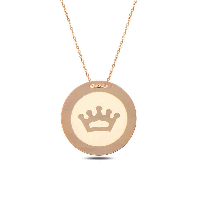 

Silver 925 Sterling Crown Laser Round Plate Necklace