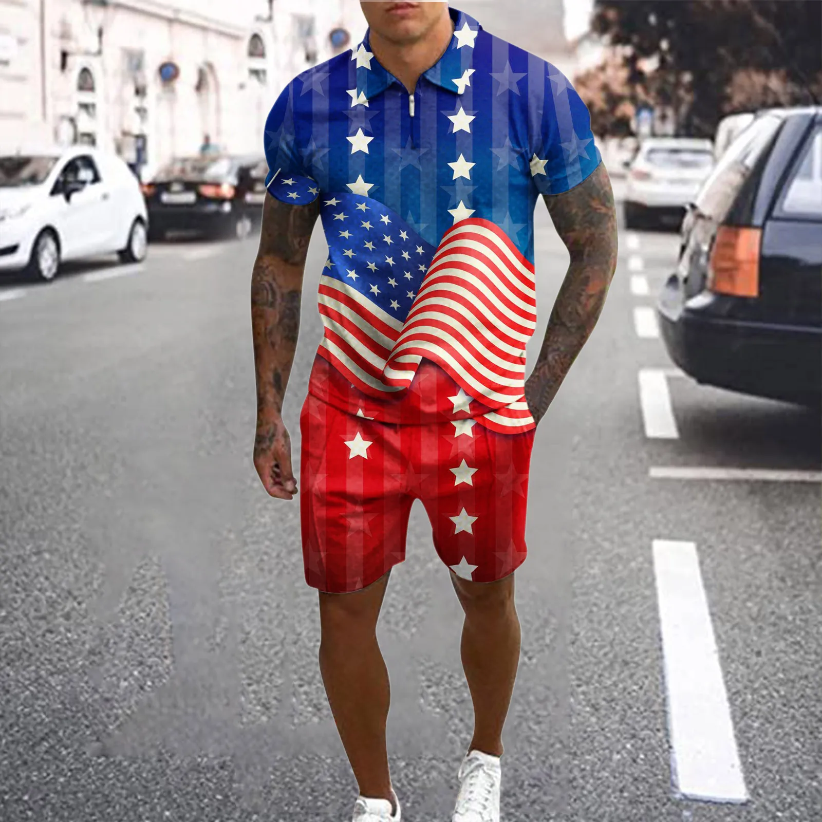 Men's Polo Shirt Set Summer Fashion Trend Style Pullover Shorts Suit 2 Piece Square Neck Zipper Casual Jogging Set For Men