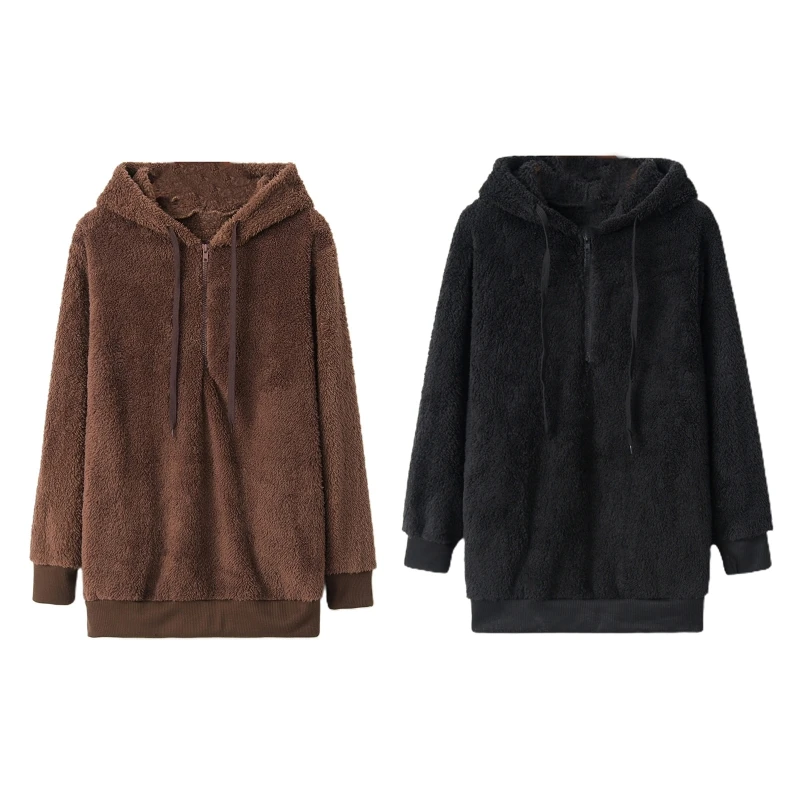 Womens Autumn Winter Hoodies Fuzzy Sweatshirt 1/4 Zip Up Plush Pullover Tops Cozy Oversized Fluffy Coat with Pockets