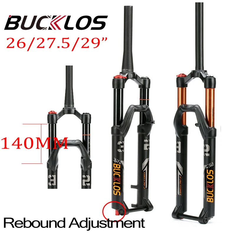 

BUCKLOS Air Suspension Fork 140mm travel 26 27.5 29er MTB Tapered Straight Tube 1-1/8in Front Fork with Rebound Adjustment