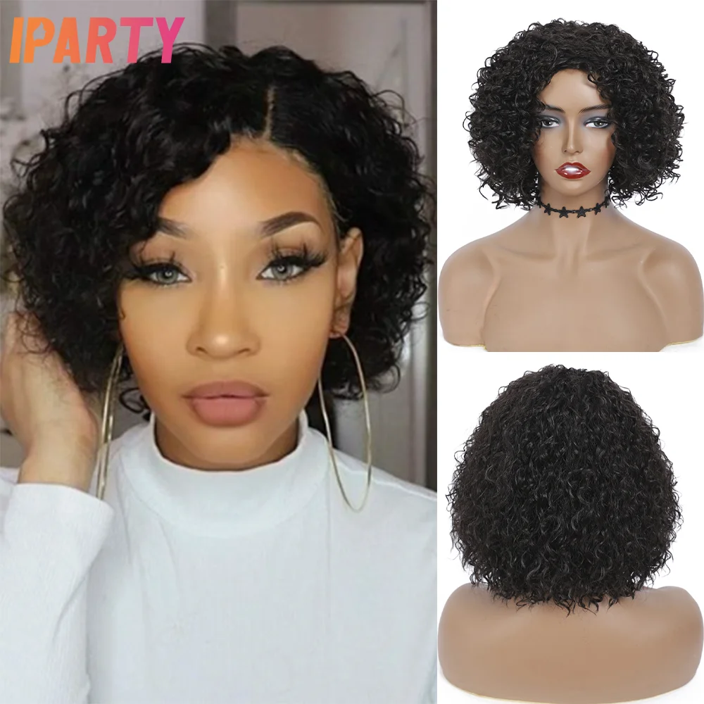 

Iparty Synthetic Machine Wigs Middle Part Black Color Short Curly Wig Multi Types Optional Heat Resistant Fibers Daily