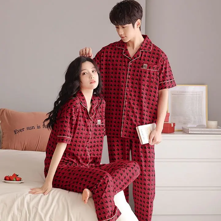 Yasuk Spring Summer Women's Men's Casual Soft Sleepwear Couple Pajamas With Pants Cotton Pullover Thousand Birds Plaid BigSize