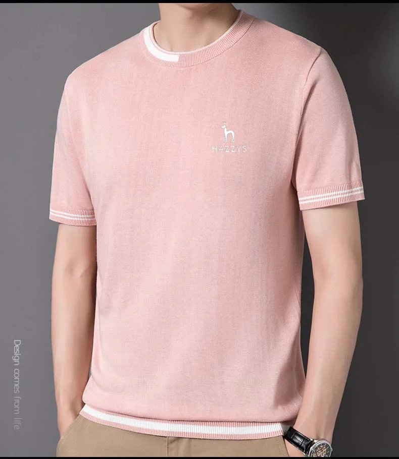 New Men's Knitted Wear Golf HAZZYS T-shirt Men Shirt Summer Short Sleeve Design Casual Round Neck Thin Fake Colored Loose Top