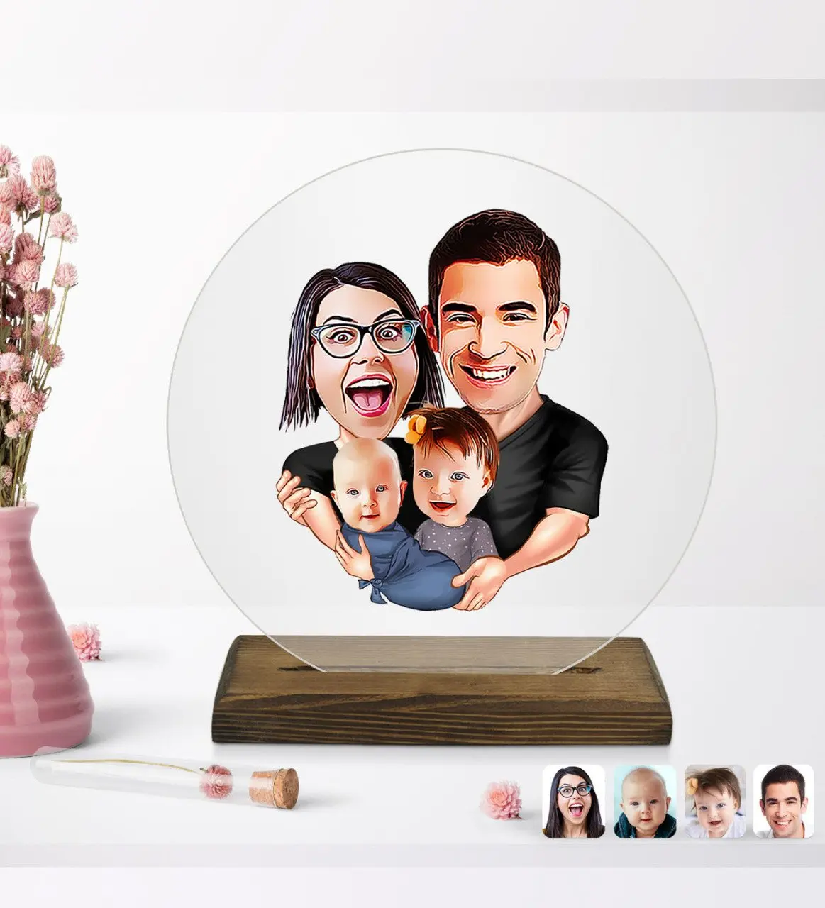 

Персонализированная семейная мультяшная 4 круглая деревянная подставка