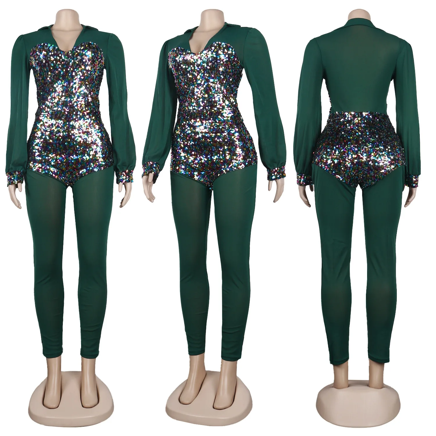 YK2539 Women's Jumpsuit Spring and Autumn Fashion Sexy Long Sleeve Mesh Sequin Slim Bodysuit Women's Nightclub