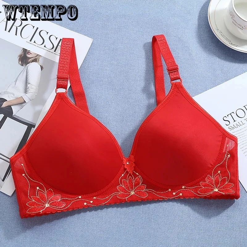 

Gather Bras for Women Embroidery Sexy Steel Ring Free Bra Adjustable Thin Solid Color Invisible Bra Seamless Push Up Bralette
