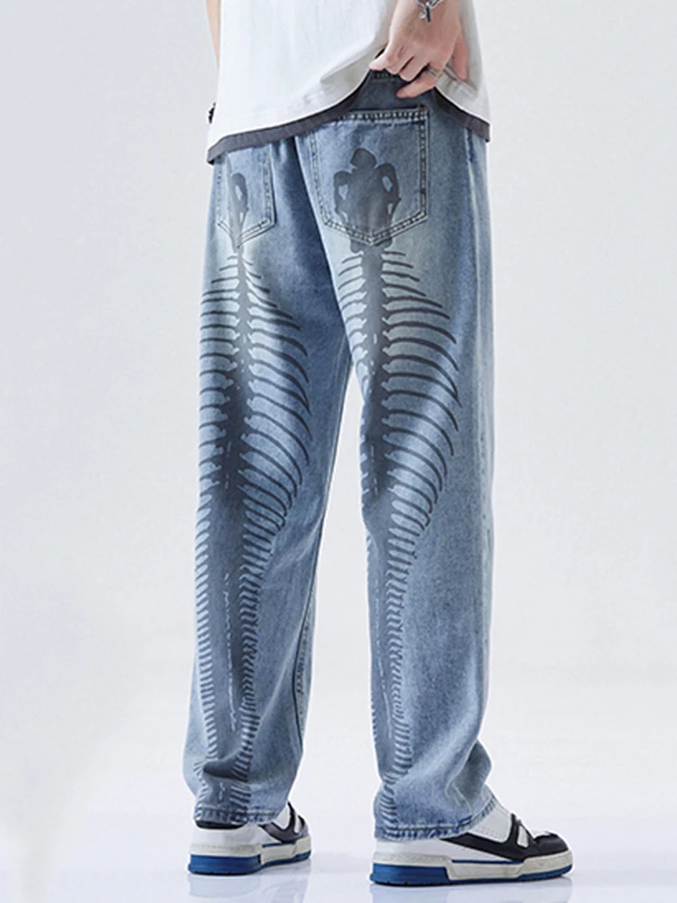 Four Seasons Men Jeans High Street Fishbone Print Jeans Men Korean Trend Loose Straight Wide Leg Pants Ins Hot Sale Men Clothing