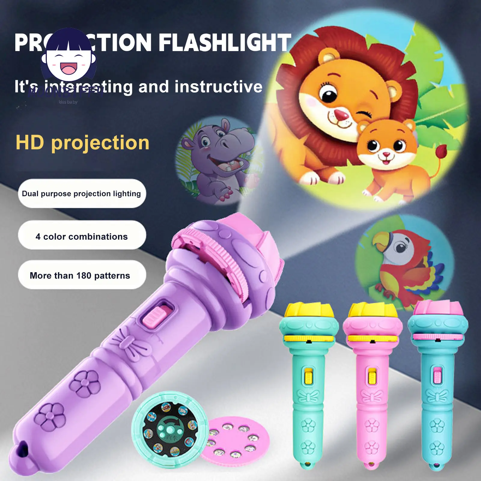 

Kids Fun Projector Torch Cartoon Animal Fruit Educational Light up Toys Baby Flashlight Story Book Fairy Tale Projection Lamp