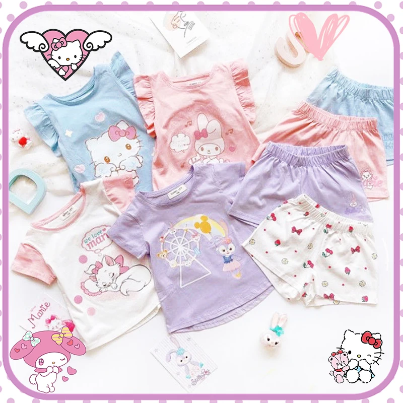 

Sanrioed Kids Pajamas Kawaii 2Piece Set Home Soft Cotton Cartoon Nightgown Anime Hello Kitty My Melody Cute Girls Gift Lovely