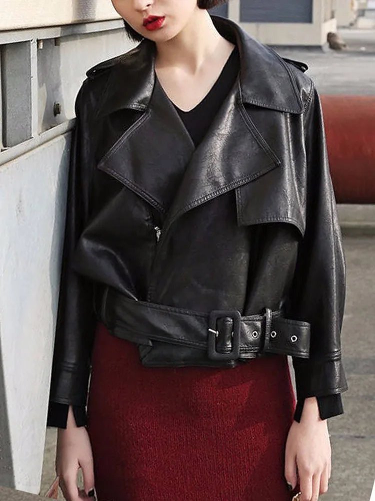 2022 Summer Korean Leather Jacket Women Turndown Collar Chic PU Biker Jacket Female Outerwear Loose Streetwear Fashion Moto Coat