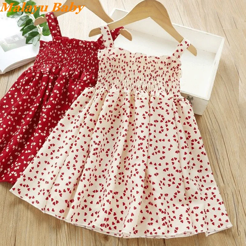 

MALAYU BABY Toddler Girls Dresses 2022 Summer New Heart Printed Chiffon Sling Dot Princess Costume 2-6 Years Child Clothing