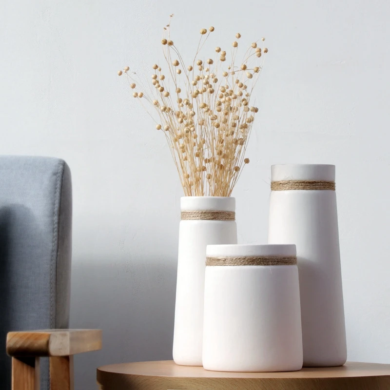 

Simple Modern Living Room Home Furnishing Creative Ornaments White Vase Hemp Rope Ceramic Art Flower Vase
