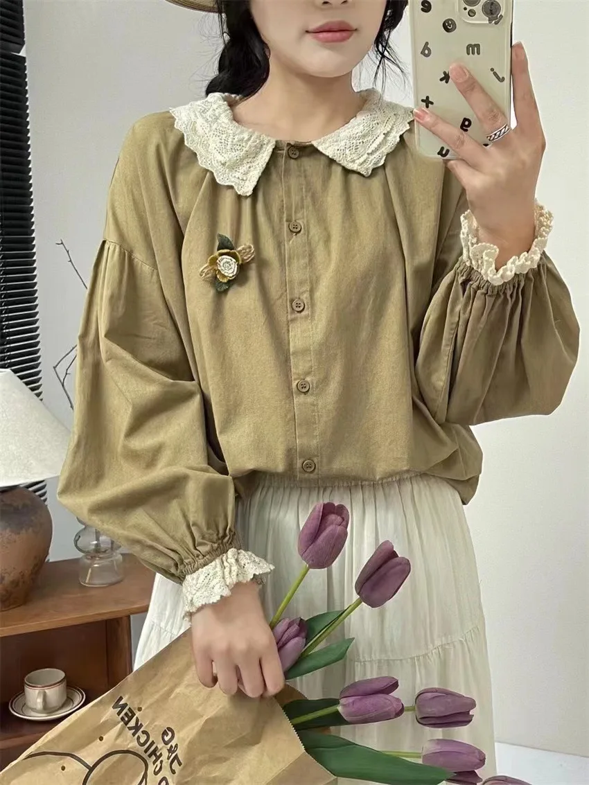 Осенняя одежда 2024 женские топы винтажные кружевные рубашки и блузки в японском