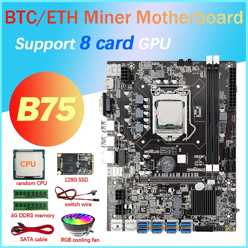 NEW-8 Card GPU B75 Mining Motherboard+CPU+Fan+128G SSD+2X 4G DDR3 RAM+SATA+Switch Cable 8 USB3.0(PCIE) LGA1155 DDR3 SATA3.0