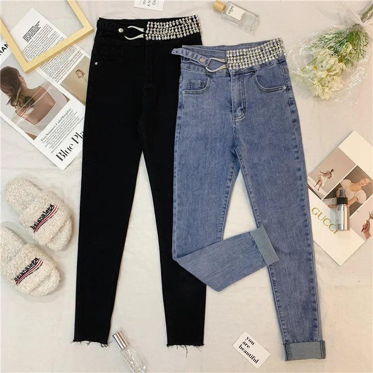 Женские узкие джинсы Стразы с высокой талией новинка весны 2022 укороченные