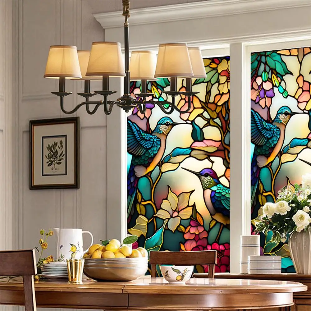 

Retro Colorful Hummingbird Flower Stained Glass Window Film Non-adhesive Privacy Window Film Decorative Static Cling
