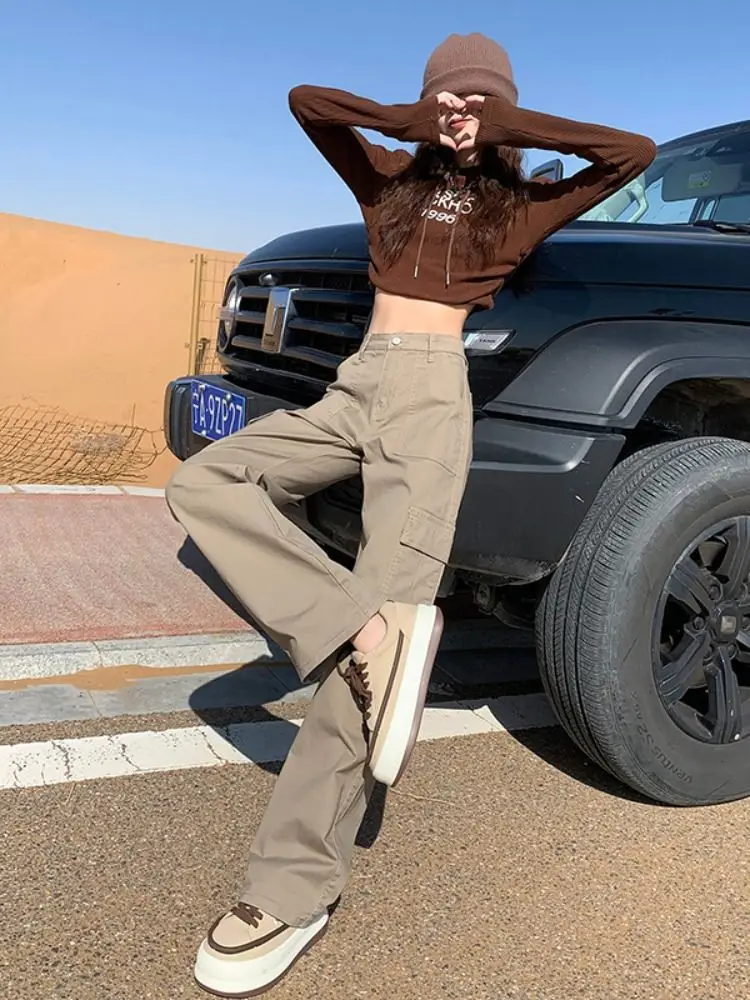 Брюки женские рабочие с высокой талией приталенные прямые штаны в американском