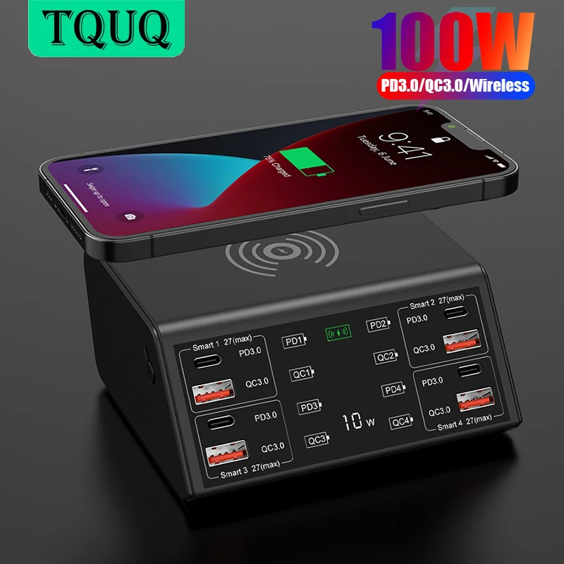 Настольное зарядное устройство TQUQ, 100 Вт, USB C, 4 QC/4 PD, беспроводная зарядная станция со светодиодным дисплеем для iPhone 14 13 iPad Pro Samsung