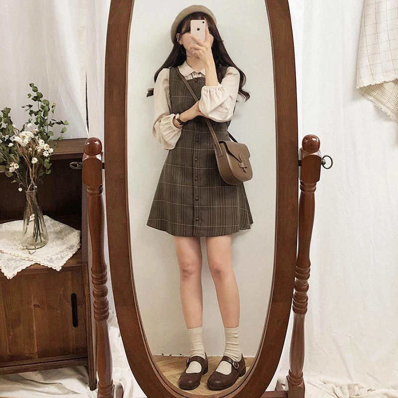 

GIDYQ Japan Cute Dresses Sleeveless Vest Women Mini Vintage Plaid Button Preppy Style Korea Sweet Fresh Midi Skirt Fwear Outside