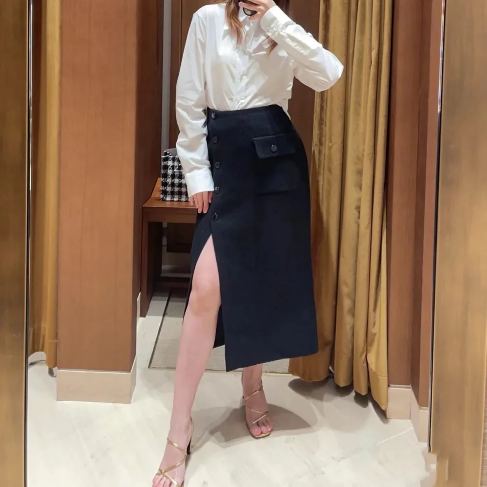 

Women Midi Jupe Tweed Split Diagonal Placket Casual Skirt