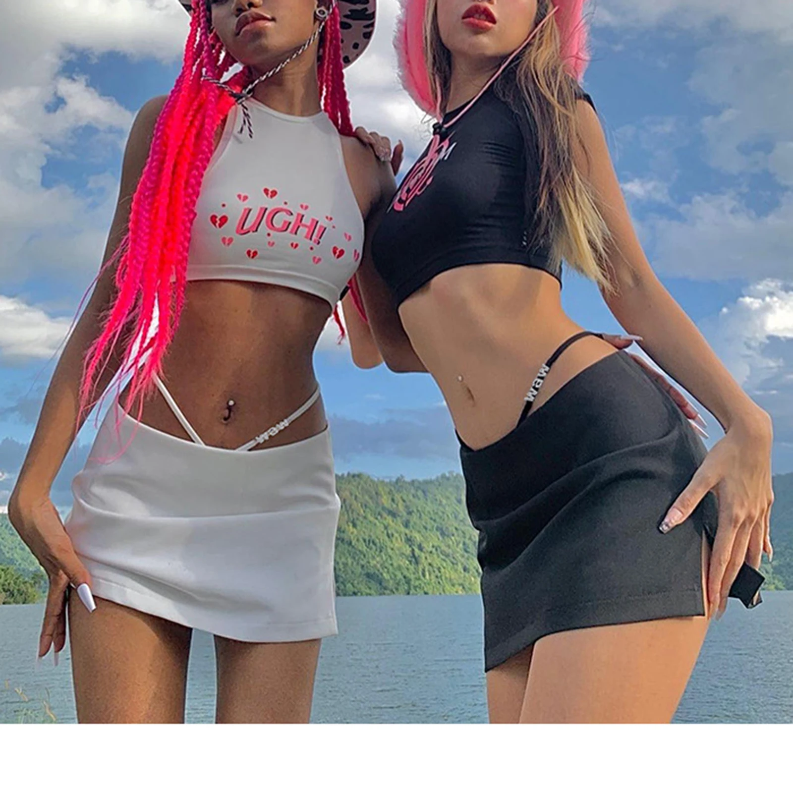 

Women Summer Mini Skirt Solid Color Casual Split A-line Skirt and Bandage Thongs for Beaches Holidays