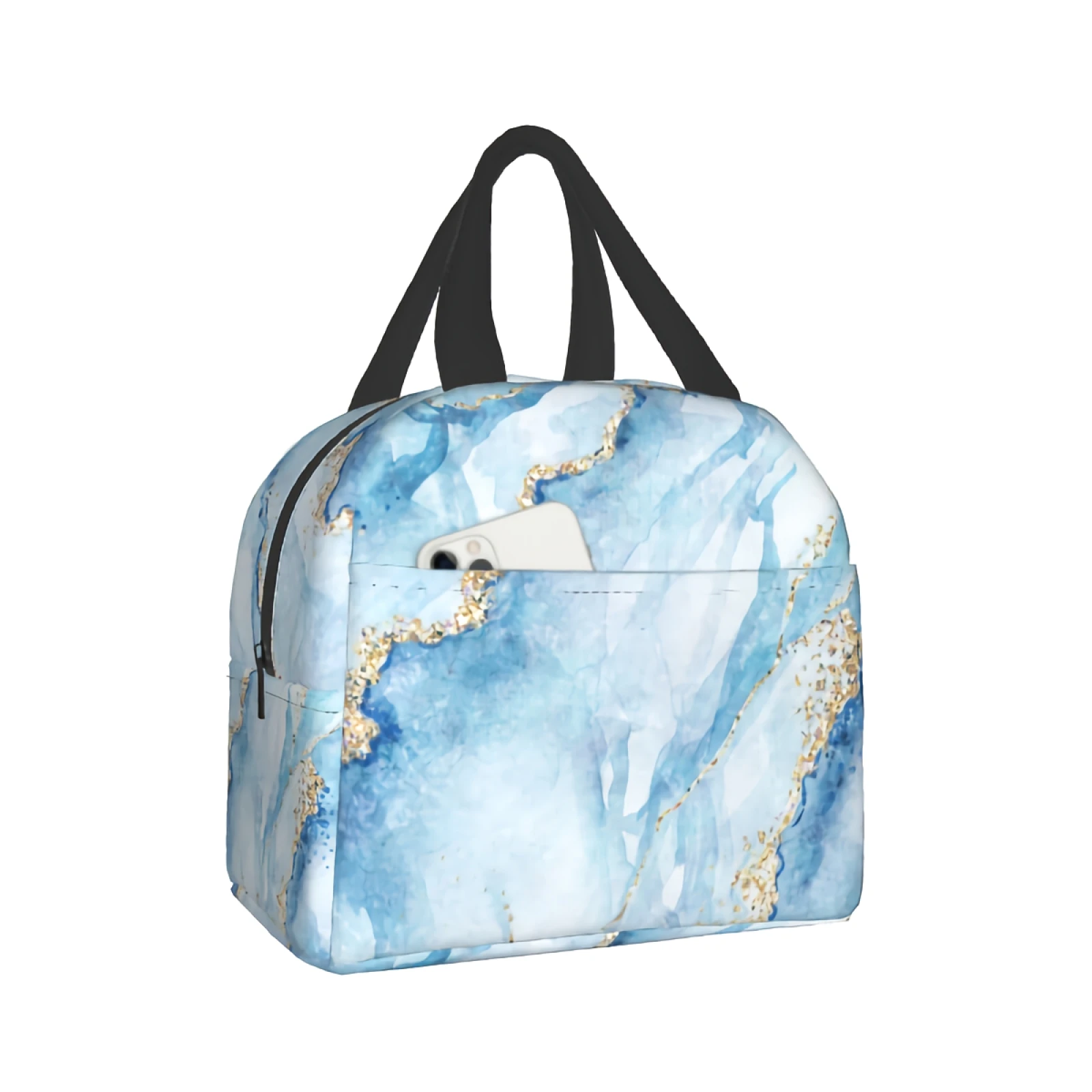

Navy Blue Marble with Golden Veins Reusable Insulated Lunch Bag for Women Leakproof Cooler Tote Bag Freezable Lunch Box