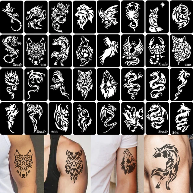 32pcs Airbrush Temporary Tattoo Stencil for Men Arm Back Body Art Painting DIY Glitter Templates Fake Tattoo Set 6.7cm*9.5 Cm 1