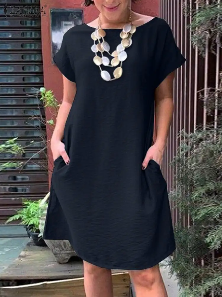 

Летнее платье ZANZEA 2022, модное женское платье с коротким рукавом, однотонные рабочие платья, кафтан, Свободный Повседневный пляжный Сарафан д...
