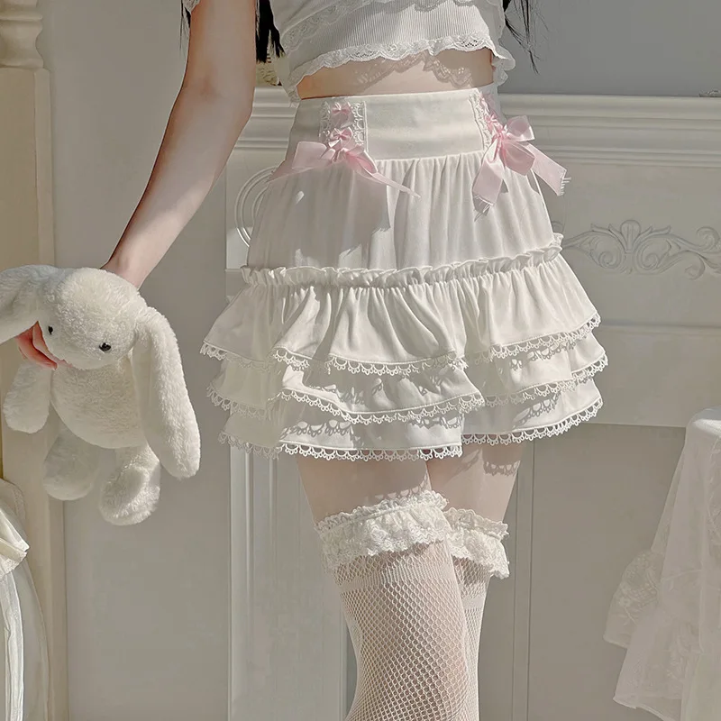 

Sweet Cascading Ruffle A-Line Kawaii Bow Skirt Aesthetic White Short Skirt Japanese Style Lolita Skirts Fairycore Outfit