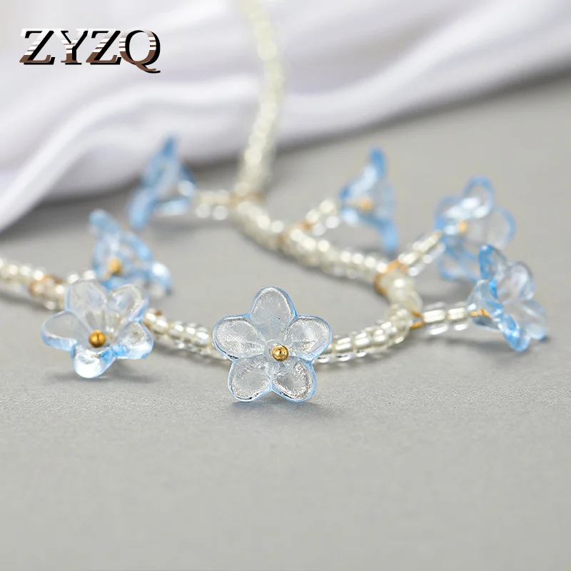 ZYZQ Bohemian Style Blue Morning Glory Rice Bead Necklace for Women Simple and Niche Non-fading Ball Chain Necklace Jewelry