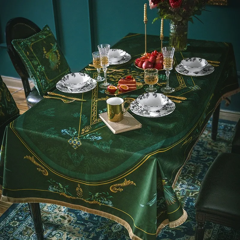 Роскошная бархатная скатерть прямоугольная винтажное зеленое кружево столовая