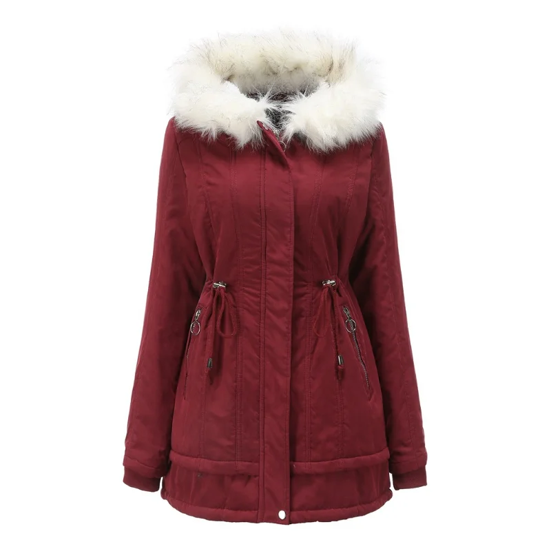 Cotton Coat Women Mid-length Hooded Winter Warm Fleece Coat Women's Cotton Coat Cold-proof Coat White Fur Collar