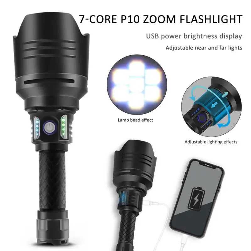 

2021 7-core P10 Zoom USB Charging Power And Brightness Display Large Lens Wide-angle Bright Light Flashlight