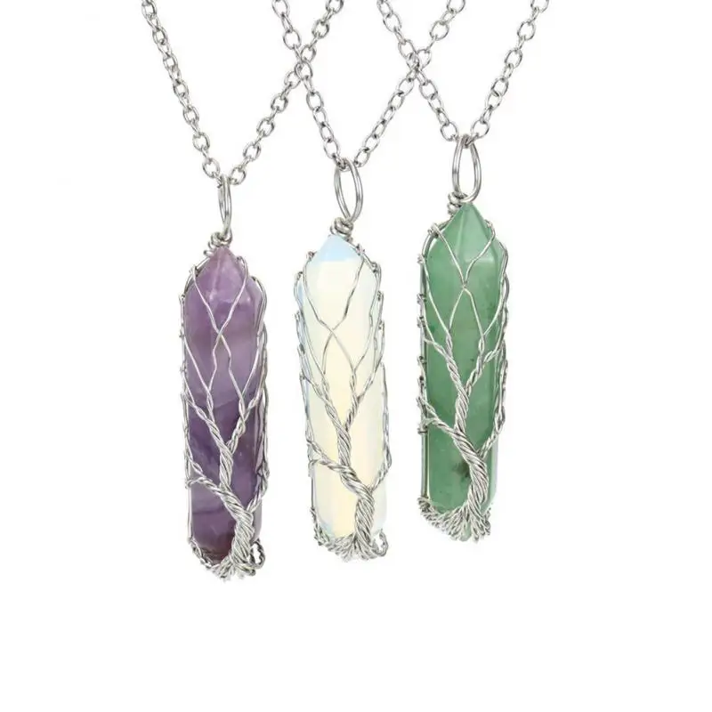 

New Natural Crystal Stone Necklace Pendant Hand-wound Tree Life Natural Crystal Hexagonal Prism High Quality Necklace Woman Gift