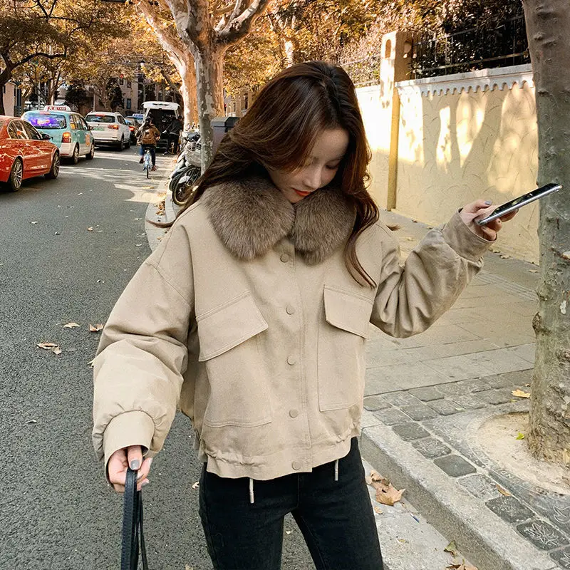 2021 Winter New Women Cropped Coat Female Warm Jacket Fashion Leisure Thick Loose Solid Casual Sweet All-Match Detachable Collar