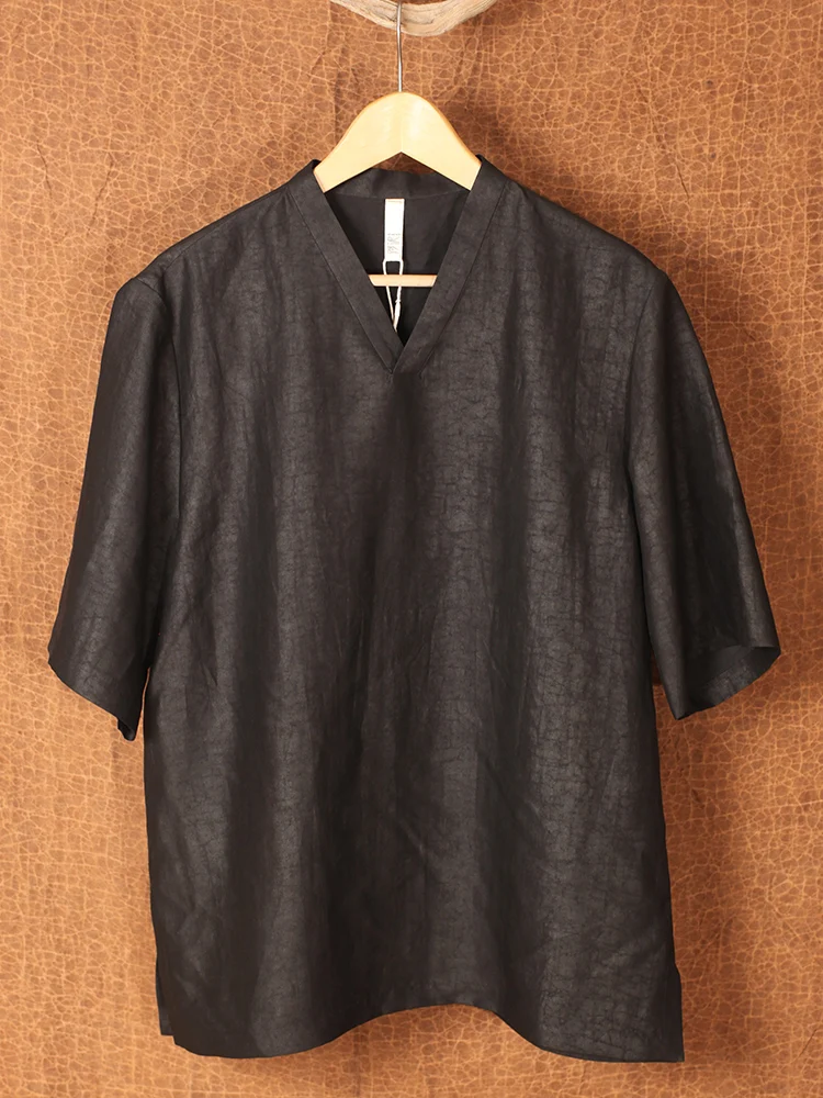 

man men clothes top silk mulberry silk black turtle pattern fragrant cloud yarn V-neck basic loose men's short-sleeved top tank