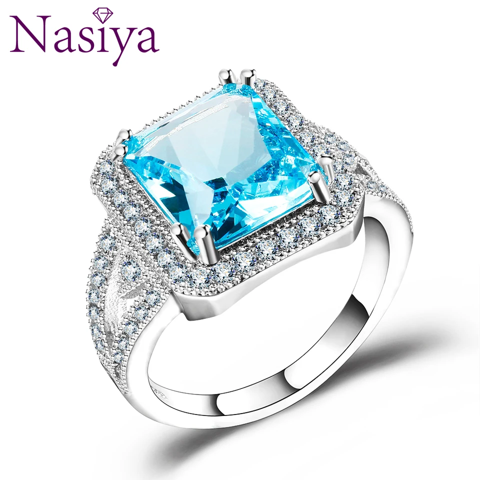 

Blue Rings for Women Silver Color Jewelry Ring With High Quality White Cubic Zirconia Rectangle Fashion Wedding Anniversary Gift
